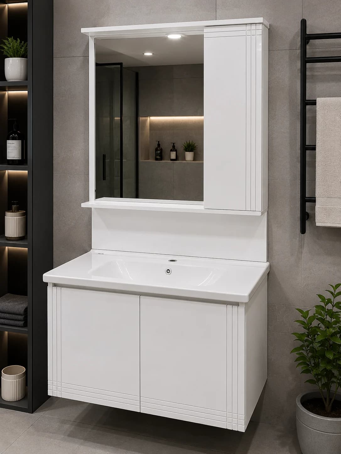 Ağ Güzgülü Hamam Dolabı və Keramik Lavabo – 50x80 sm