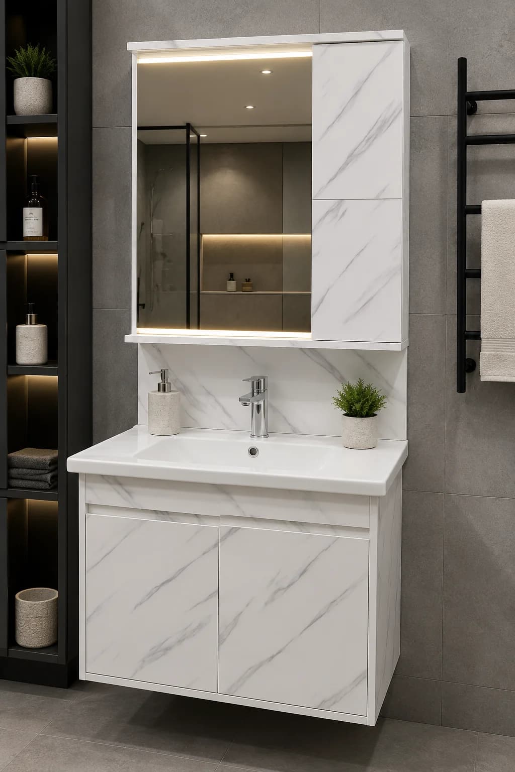 LED İşıqlı Güzgülü Hamam Dolabı və Keramik Lavabo – 50x80 sm