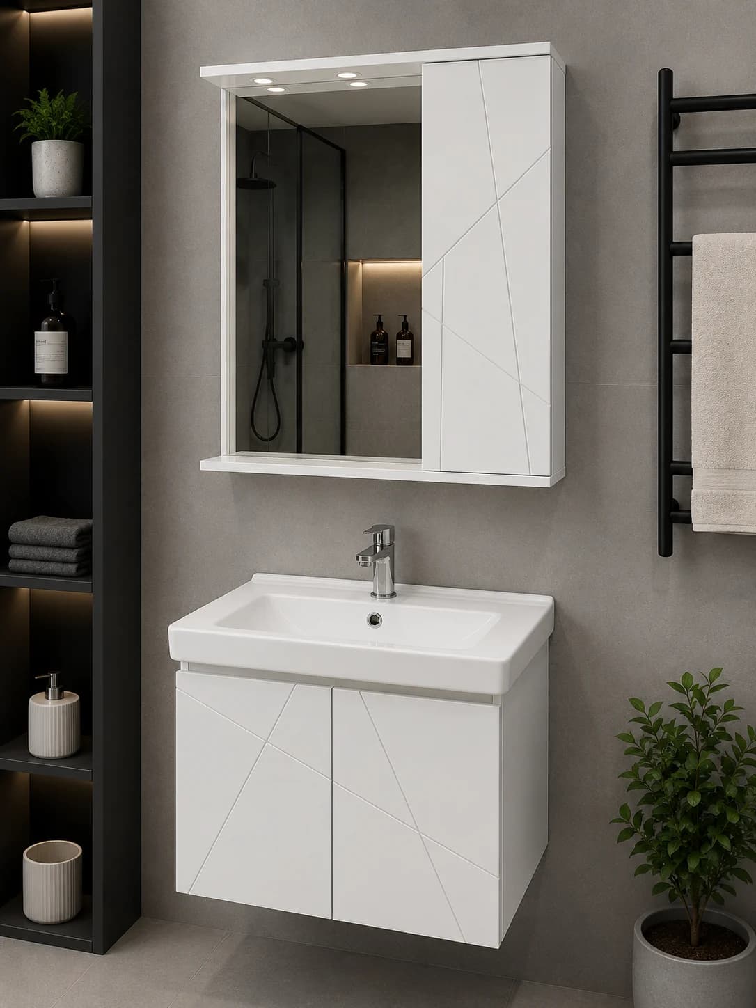 Ağ Güzgülü Hamam Dolabı və Keramik Lavabo – 50x60 sm