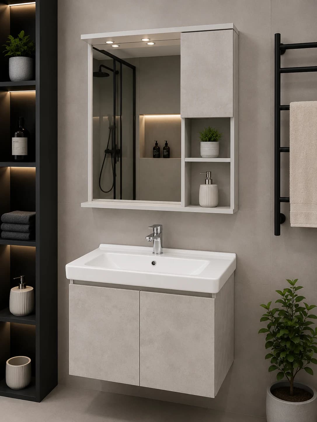Açıq Boz Güzgülü Hamam Dolabı və Keramik Lavabo – 50x80 sm
