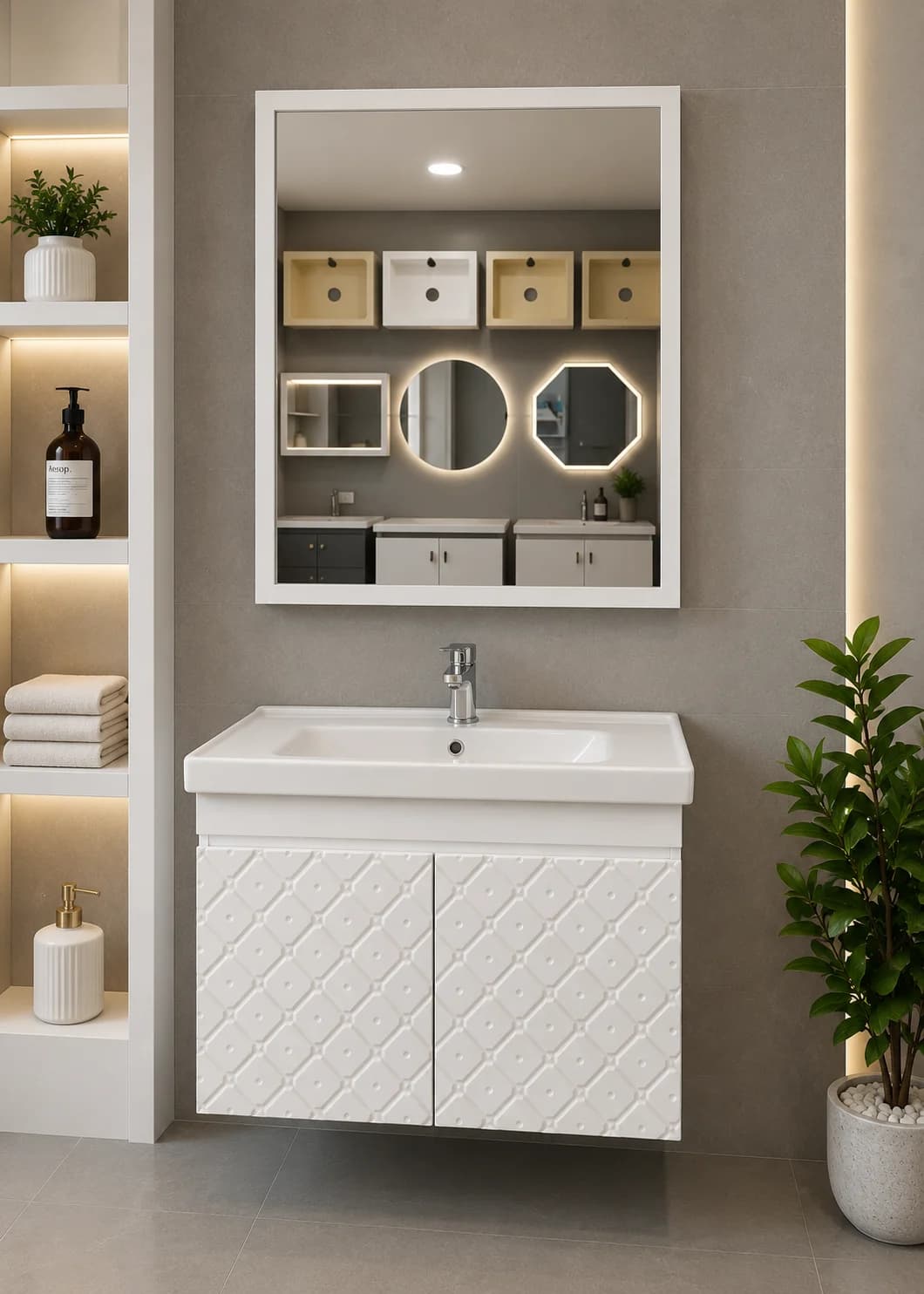 Dekorativ Ağ Güzgülü Hamam Dolabı və Keramik Lavabo – 50x60 sm