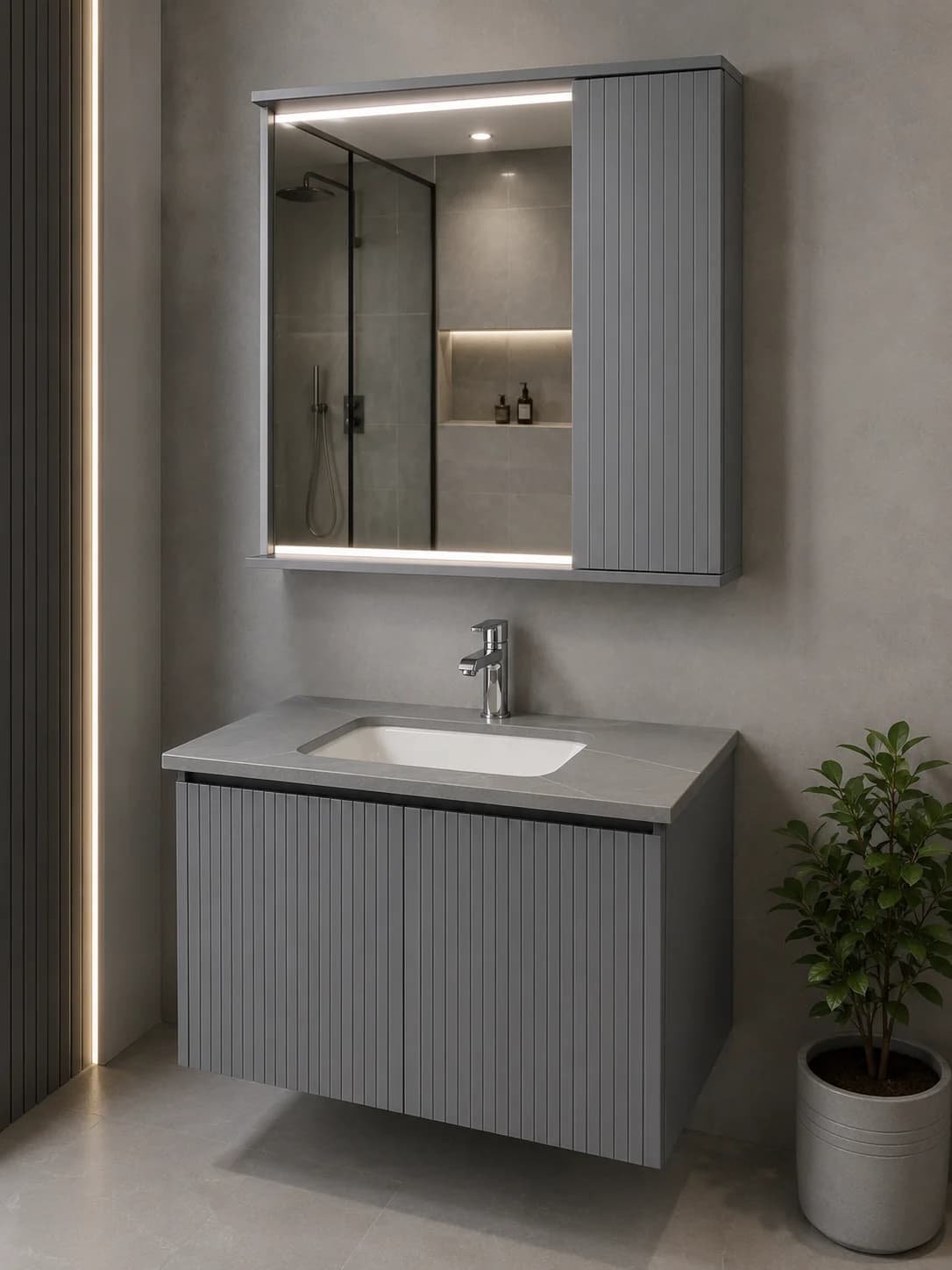 Boz LED İşıqlı Güzgülü Hamam Dolabı və Keramik Lavabo – 50x80 sm