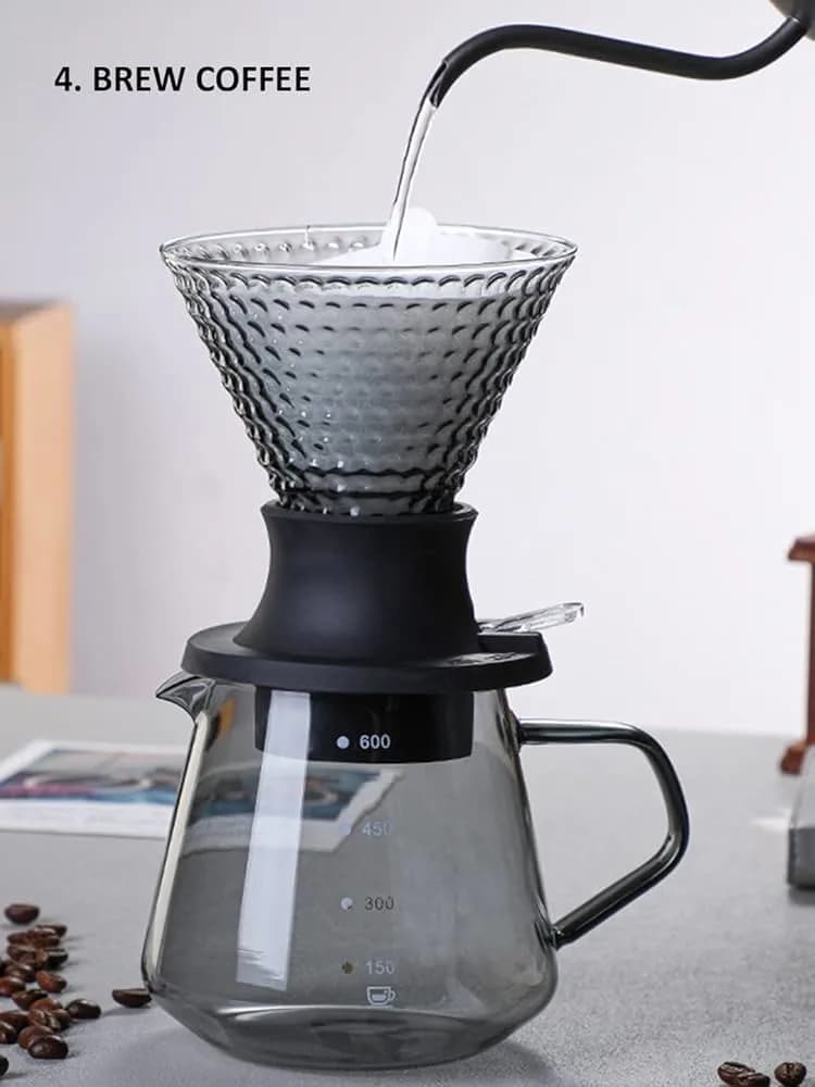 Premium Şüşə Pour Over Qəhvə Dəmləmə Seti – Diamond Dizayn Dripper + Server  600ml