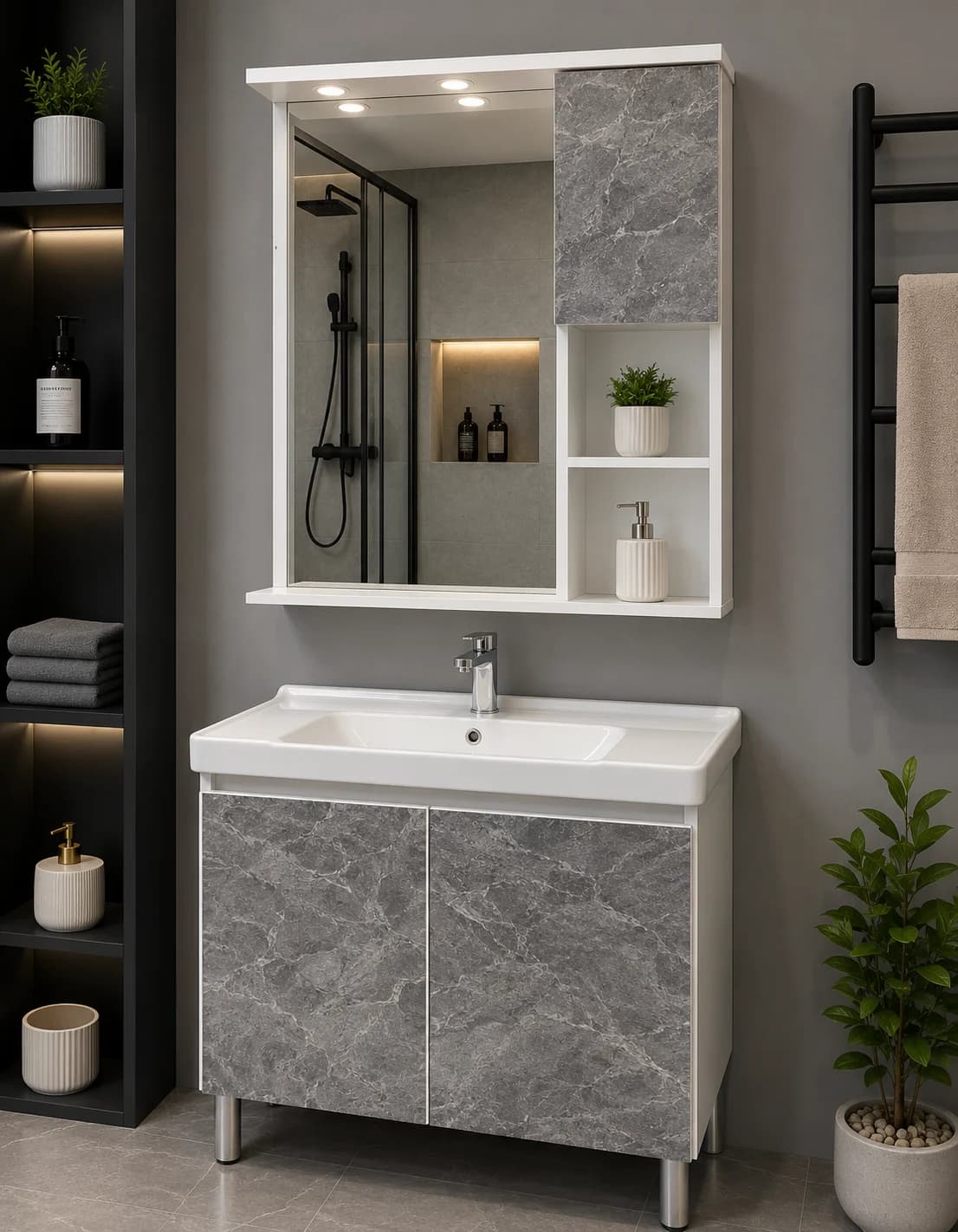 Boz Mərmər Dizaynlı Güzgülü Hamam Dolabı və Keramik Lavabo – 50x80 sm