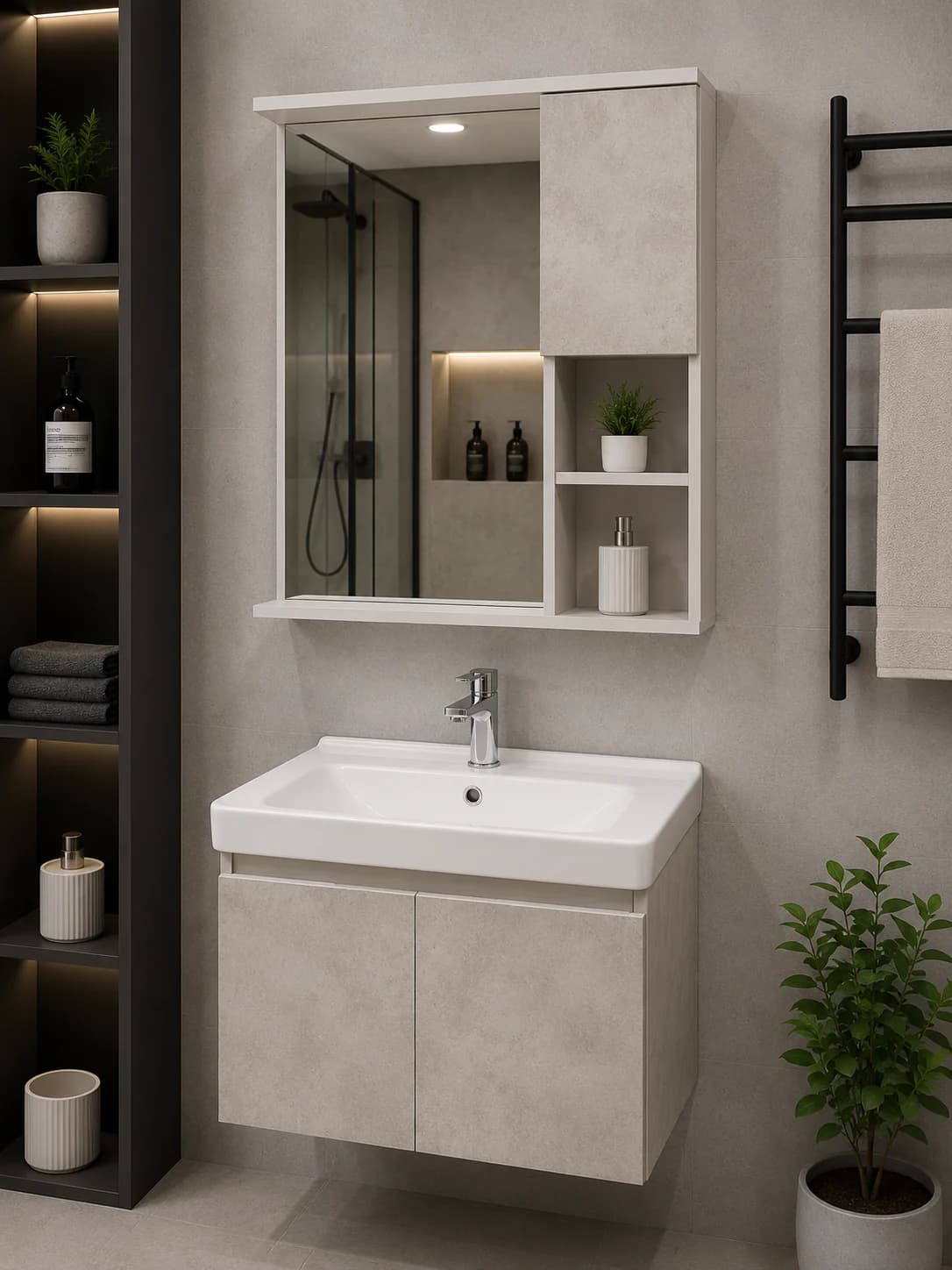 Açıq Boz Güzgülü Hamam Dolabı və Keramik Lavabo – 50x60 sm