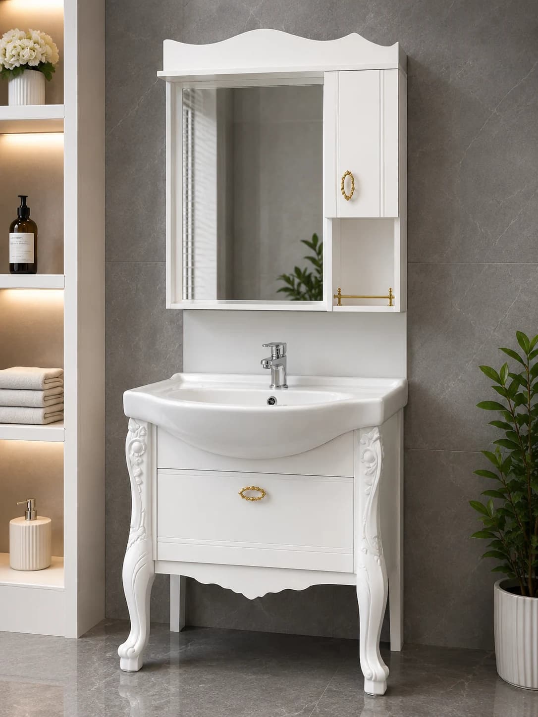 Klassik Ağ Güzgülü Hamam Dolabı və Keramik Lavabo – 43x65 sm