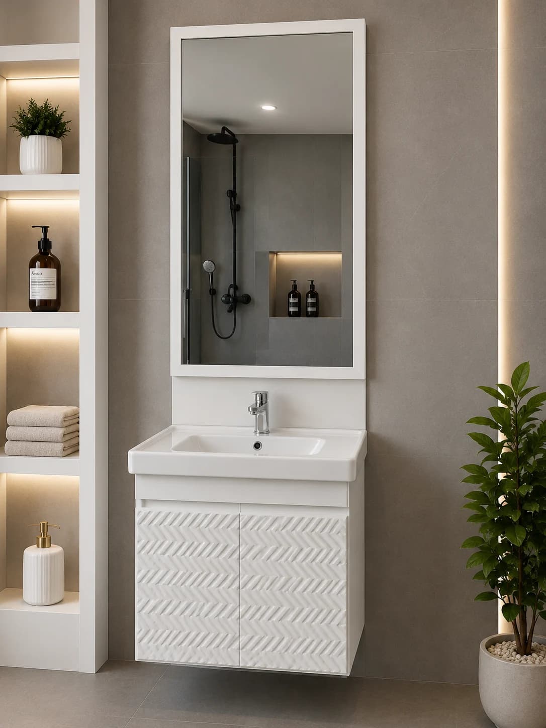 Modern Ağ Hamam Dolabı və Keramik Lavabo – 50x60 sm