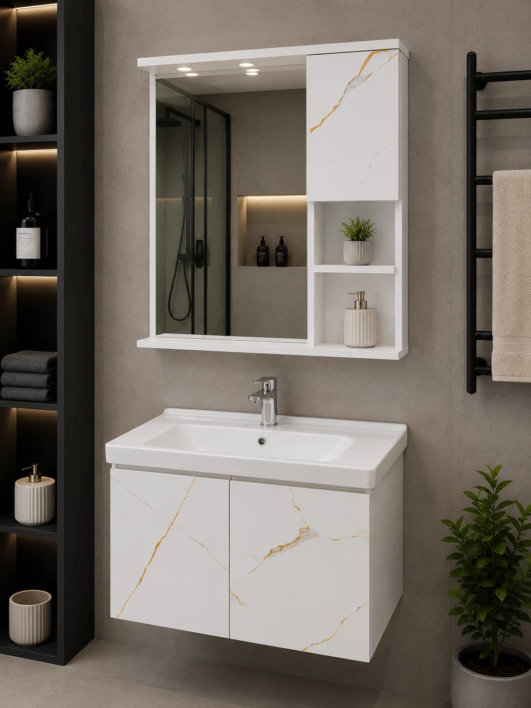 Qızılı Mərmər Xətli Güzgülü Hamam Dolabı və Keramik Lavabo – 50x80 sm