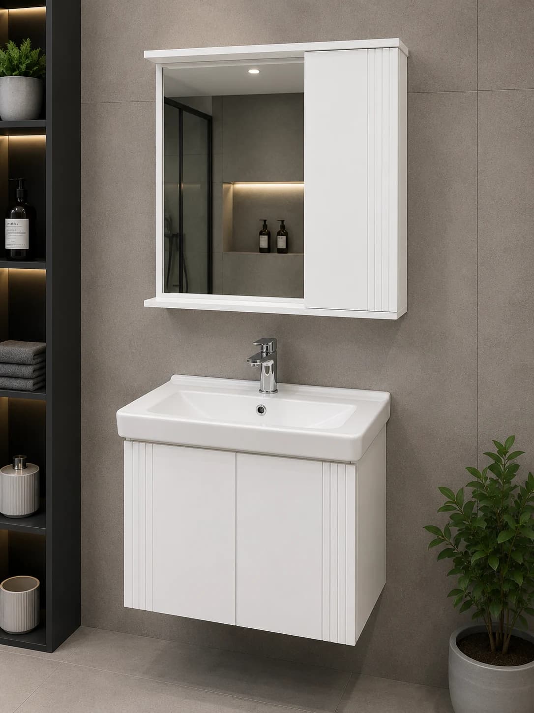 Ağ Güzgülü Hamam Dolabı və Keramik Lavabo – 50x60 sm