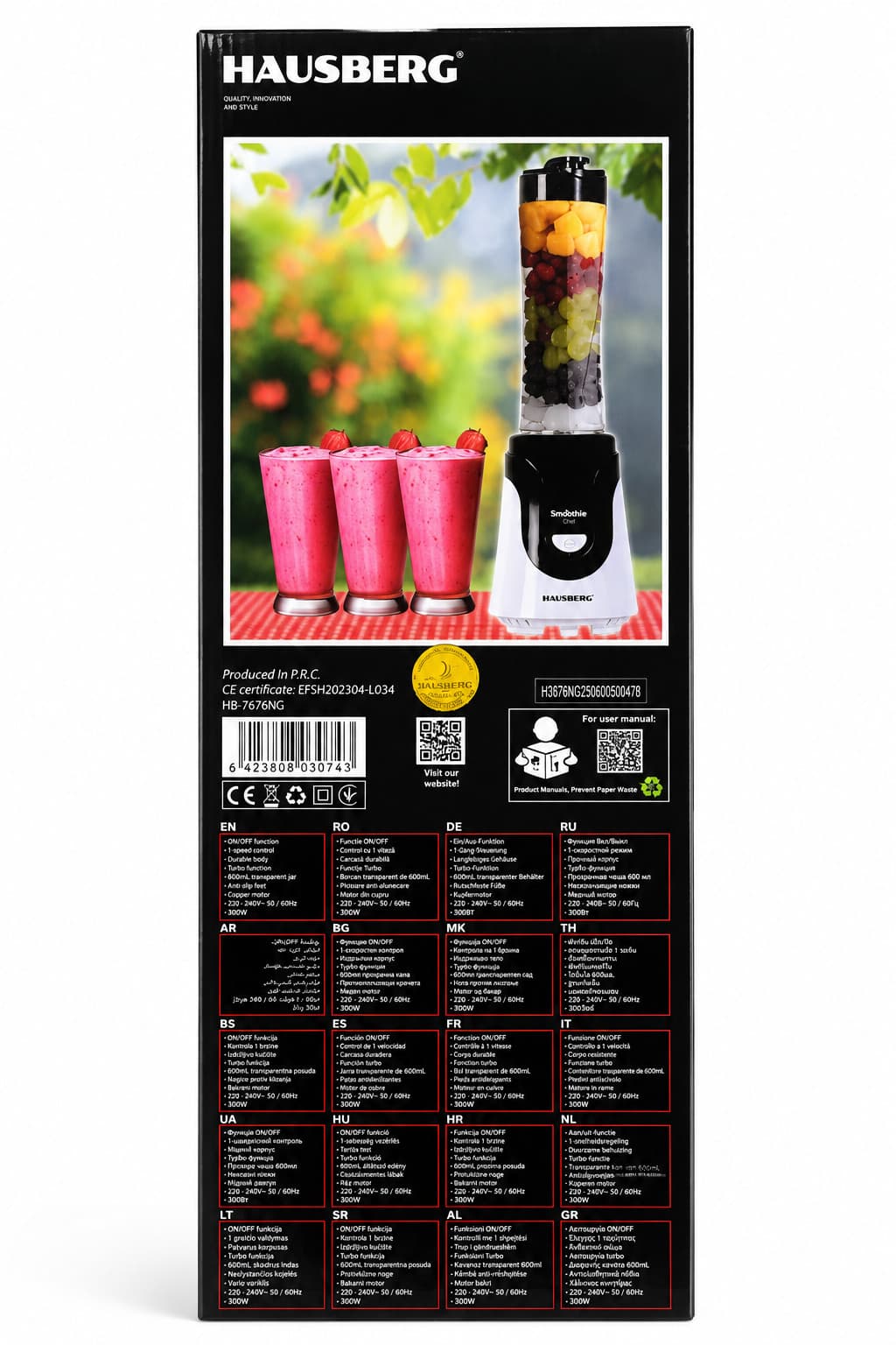 Blender Hausberg HB-7676NG Smoothie Chef, 0.6 l, ağ/qara — şəkil 2