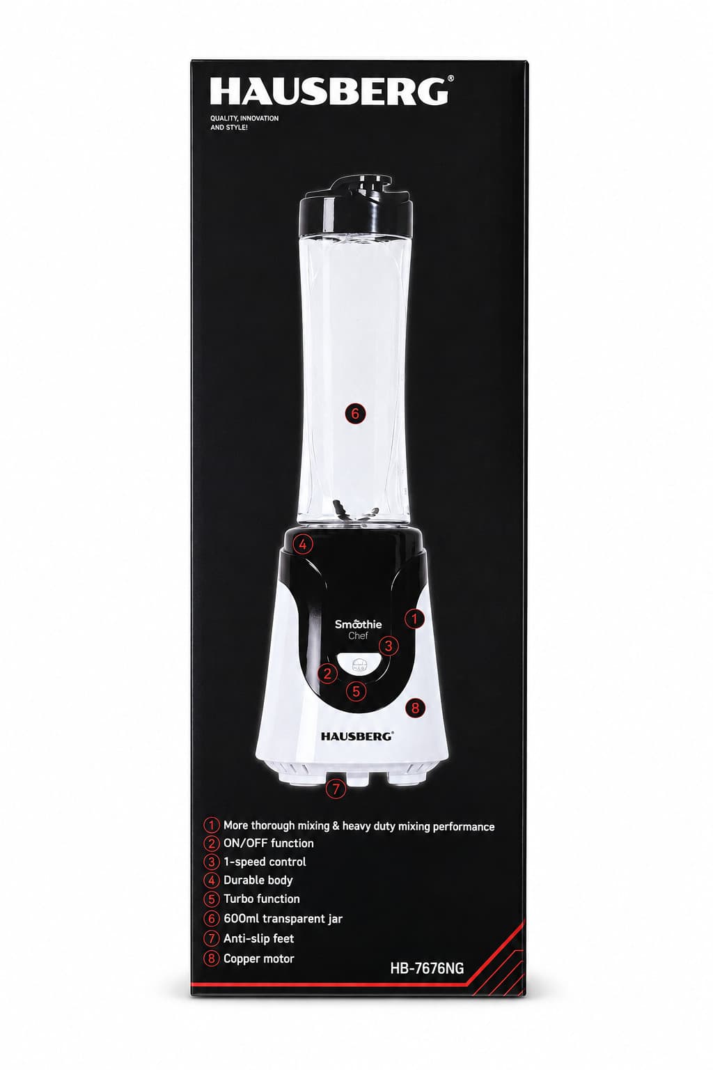 Blender Hausberg HB-7676NG Smoothie Chef, 0.6 l, ağ/qara