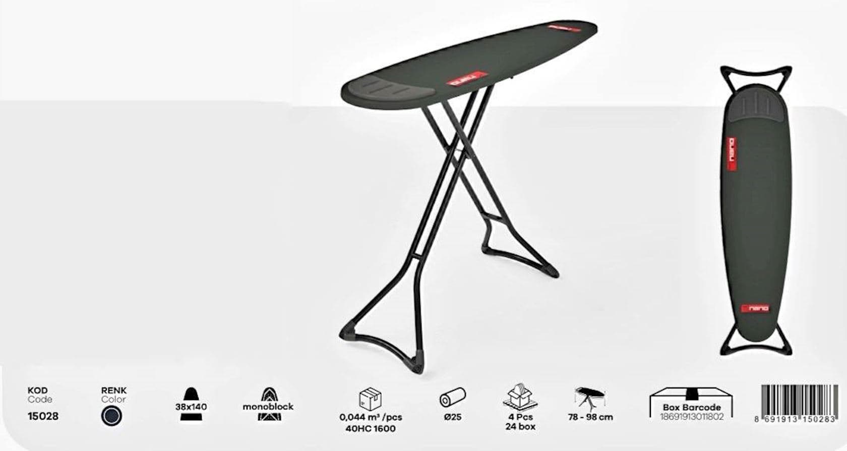 Ütü masası Perilla Nano, 140×38 sm, qara/boz — şəkil 2