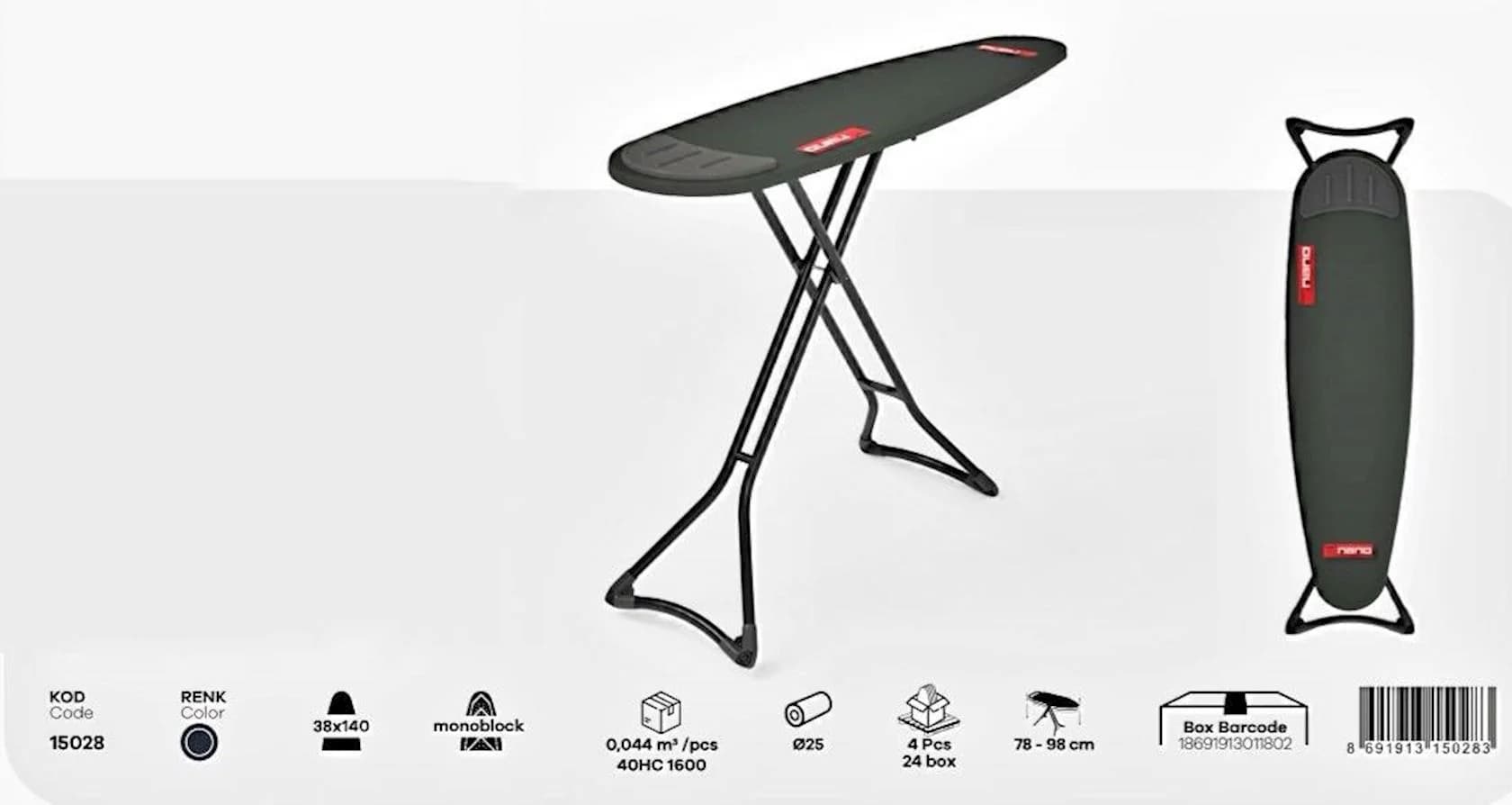 Ütü masası Perilla Nano, 140×38 sm, qara/boz — изображение 2