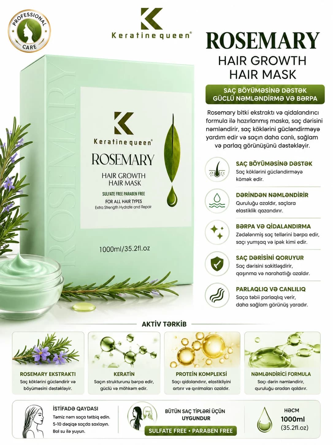 Saç maskası Keratine Queen Rosemary Hair Growth, 1000 ml, Bütün saç növləri, Bərpaedici, Nəmləndirici, Qidalandırıcı, Saç uzanması üçün