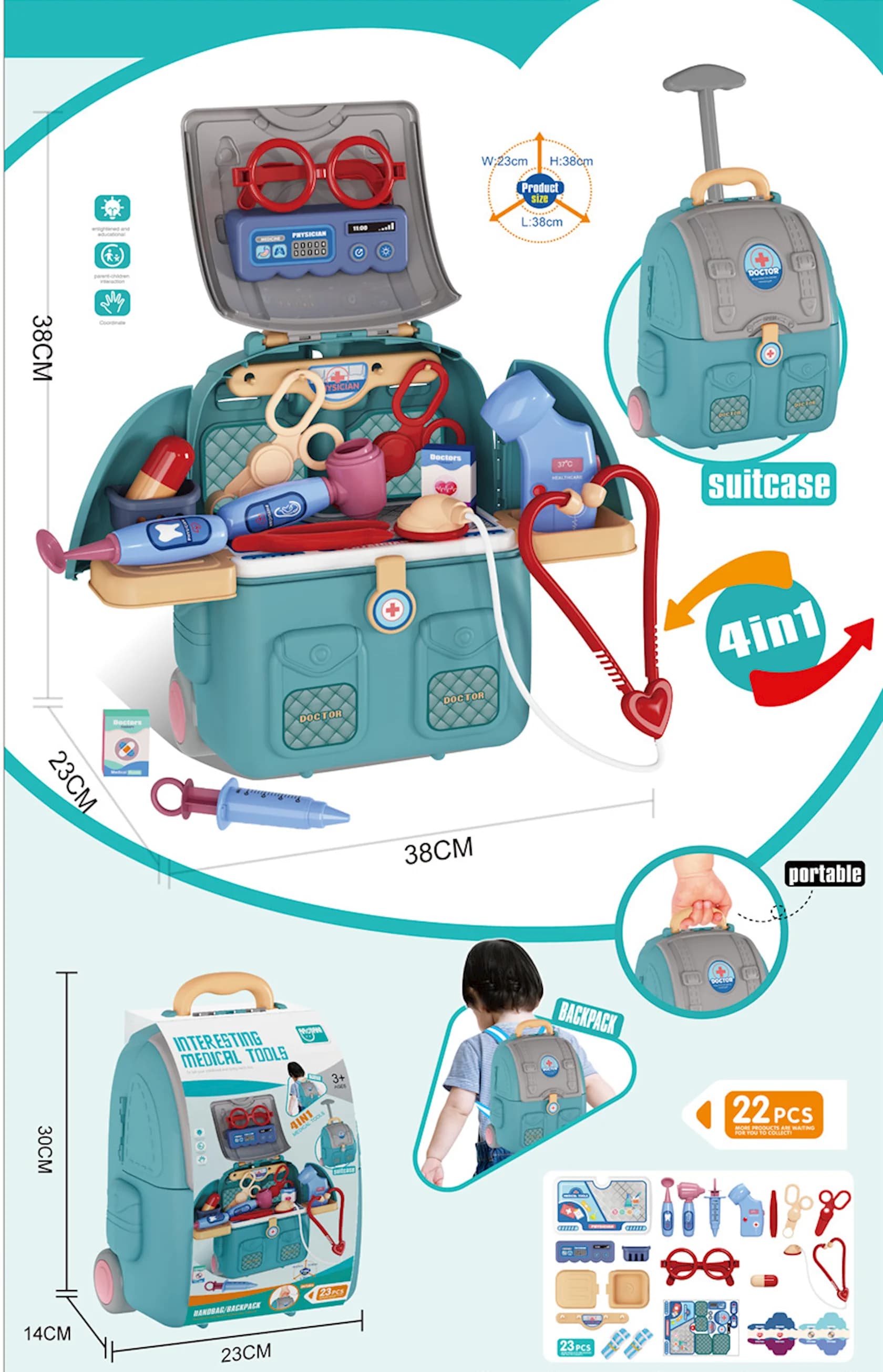 Oyuncaq çanta həkim dəsti İnteresting Medical Tools, 30x14x23 sm, 22 əd