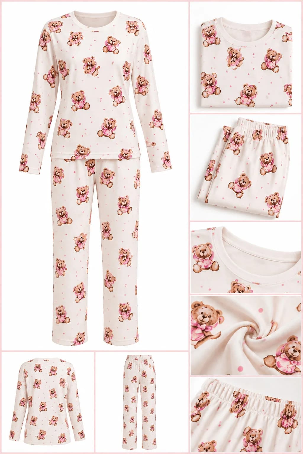 Qadınlar üçün şalvarlı pijama dəsti, krem/çəhrayı, poliester, ölçü 2XL