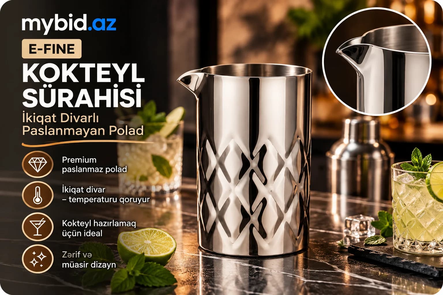E-FINE Kokteyl Sürahisi – İkiqat Divarlı Paslanmayan Polad