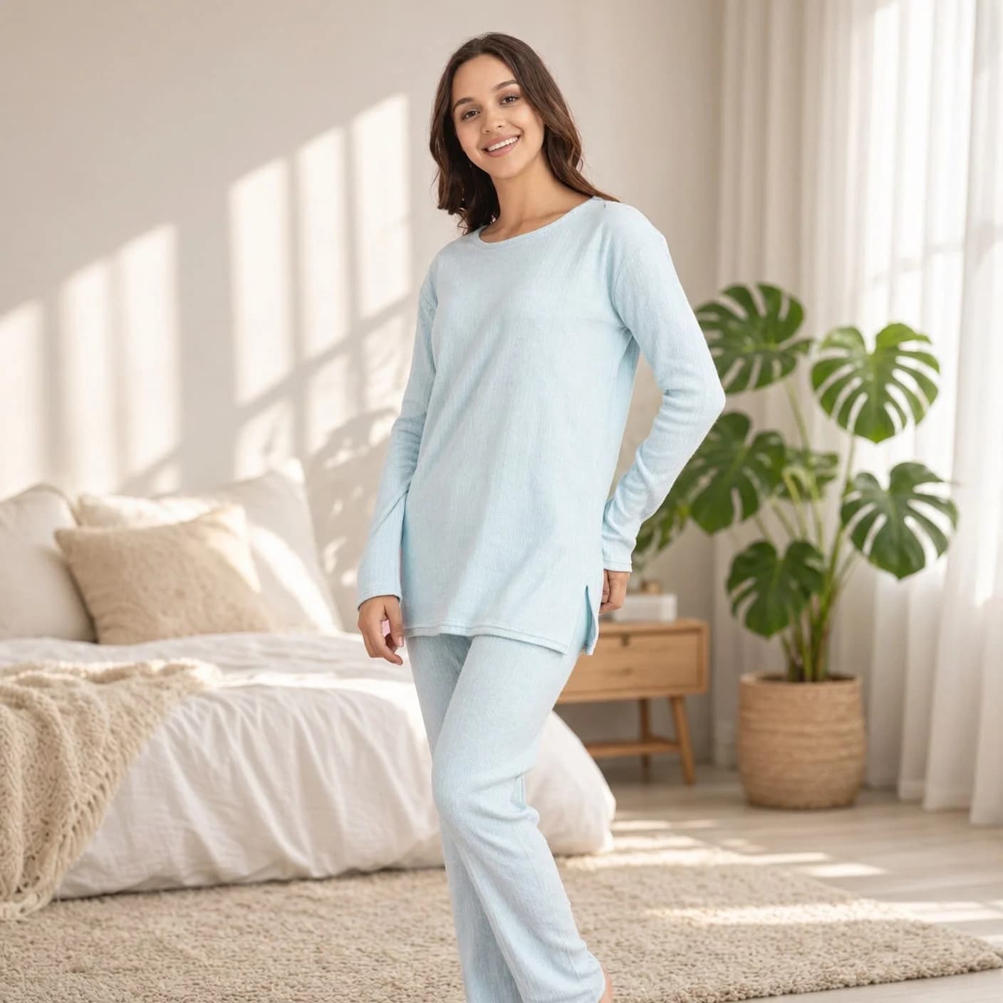 Qadınlar üçün şalvarlı pijama dəsti, açıq mavi, trikotaj, ölçü M