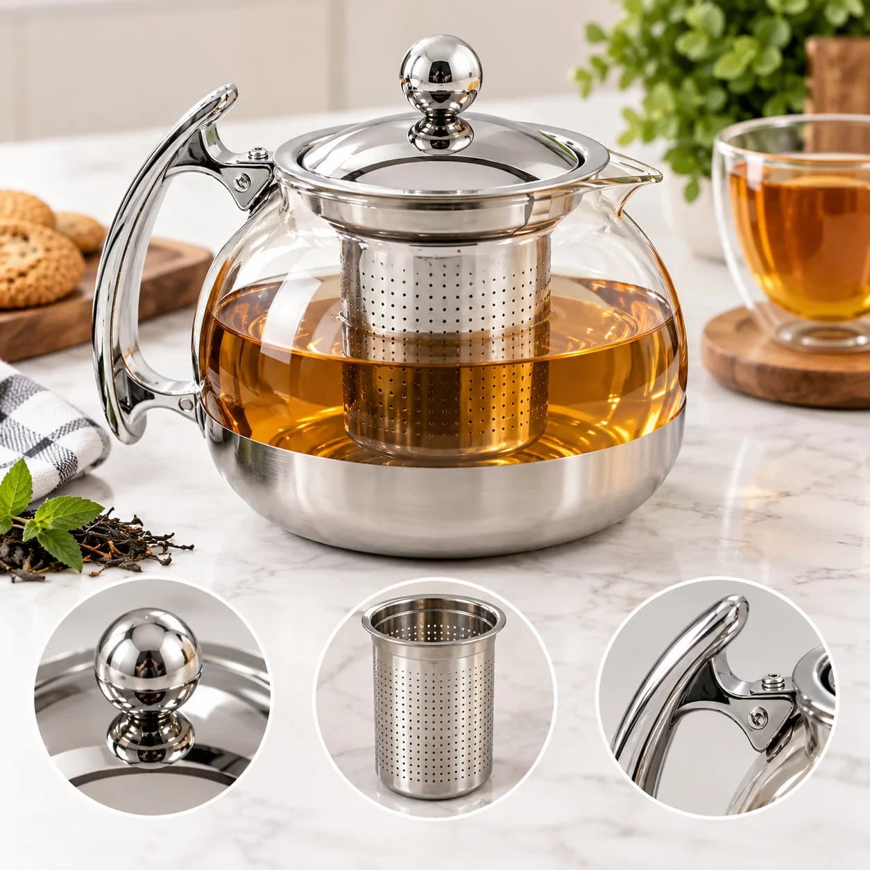 Dəmləmə çaydanı, 800 ml, Şüşə + paslanmayan polad, Gümüşü + şəffaf