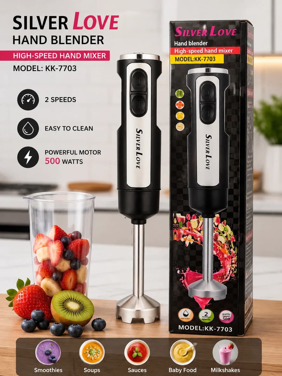 Blender Silver Love KK-7703, salınma, 500 Vt, 0.6 L, qara/gümüşü
