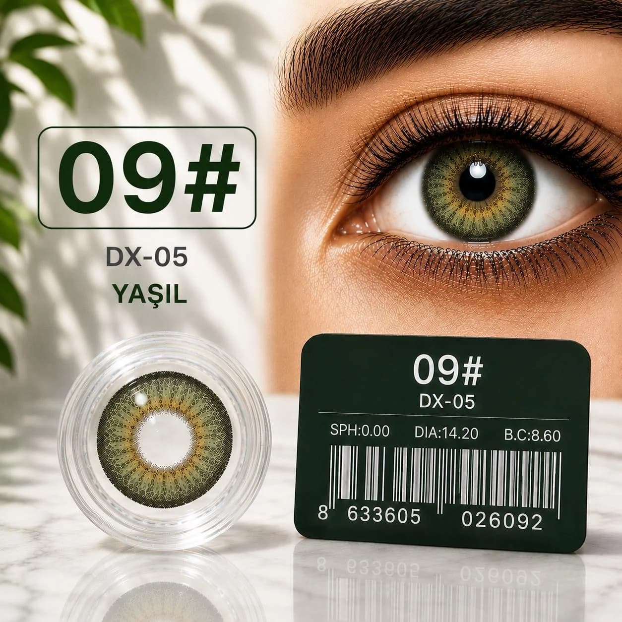 Rəngli linza DX-05 №09, Hidrogel, SPH 0.00, Yaşıl