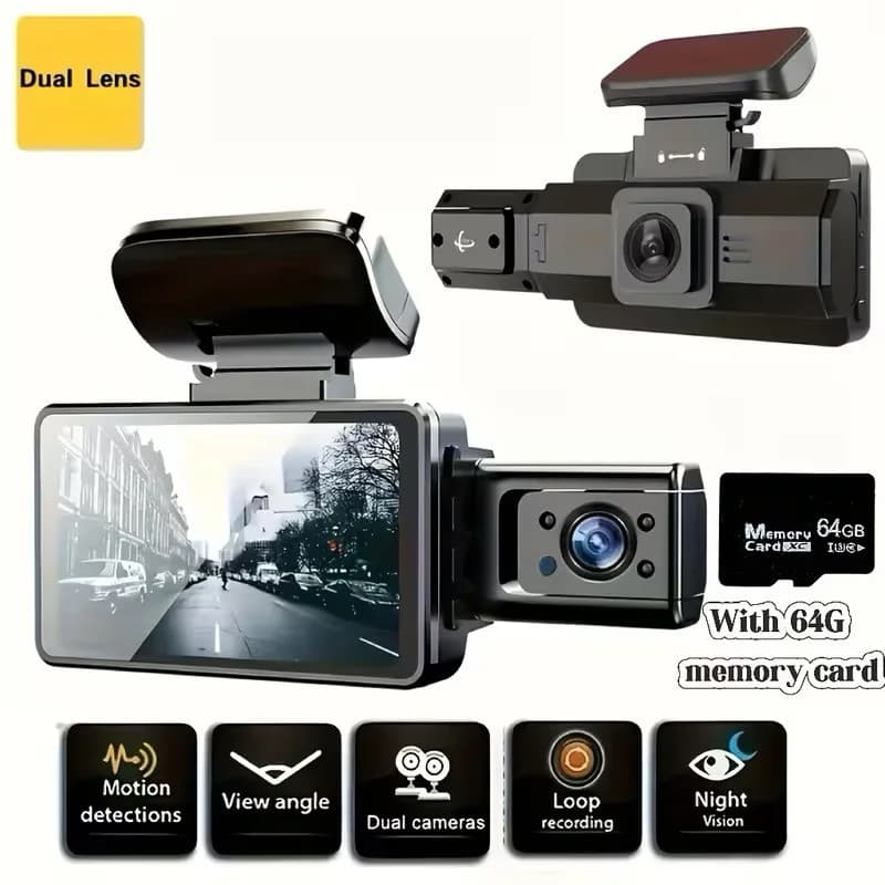 Videoqeydiyyatçı gecə görmə funksiyası ilə, IPS-ekran, 2 kamera, 64 GB yaddaş kartı