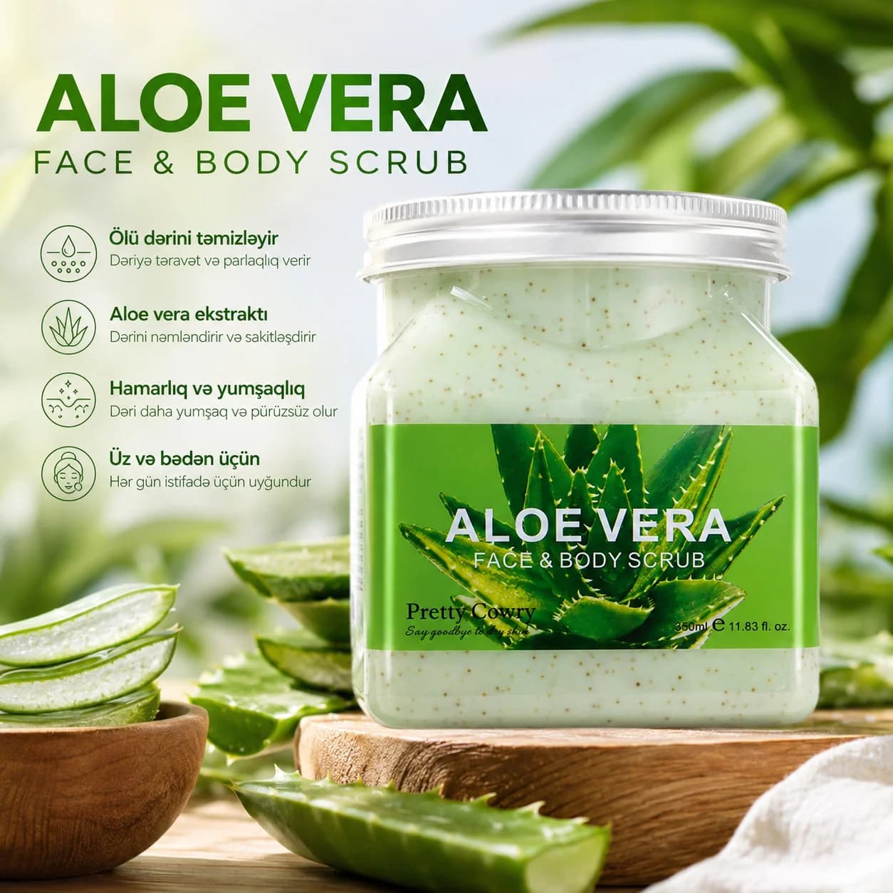Skrab üz və bədən üçün Pretty Cowry Aloe Vera 350 ml