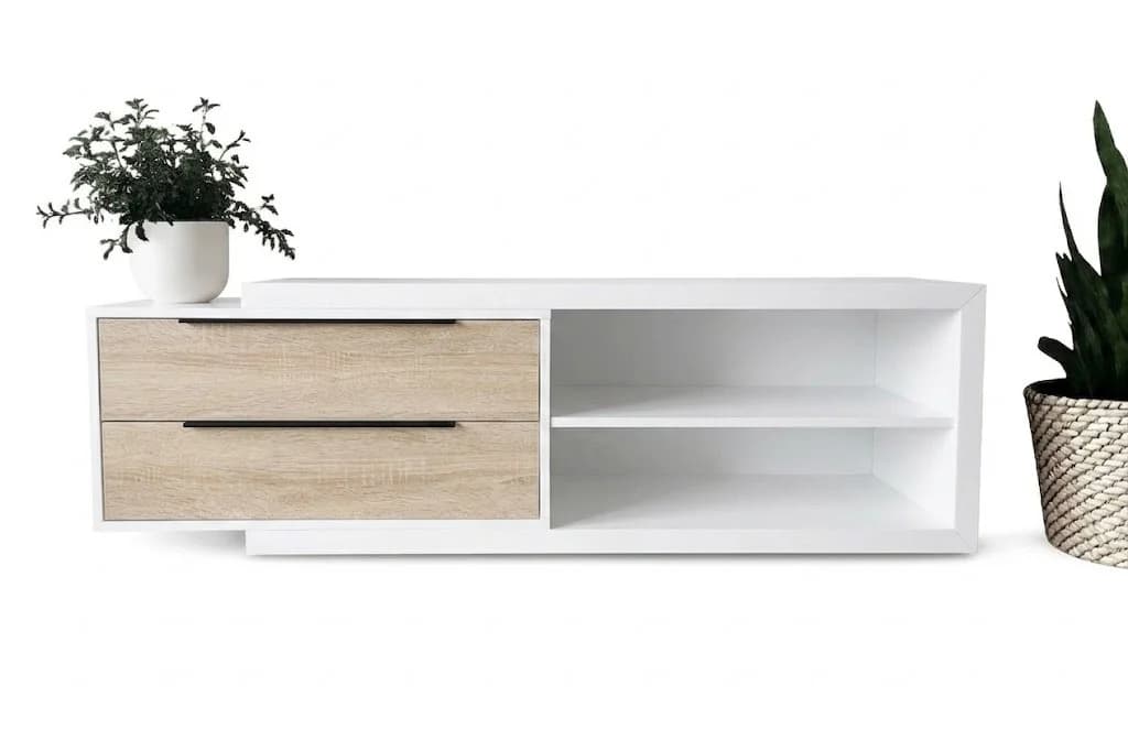 TV üçün tumba Line, laminat, 180x45x38 sm, bej/ağ