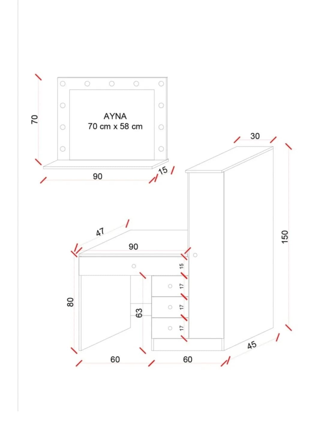 Makiyaj masası SO0020, laminat, 150x120x45 sm, ağ — изображение 9