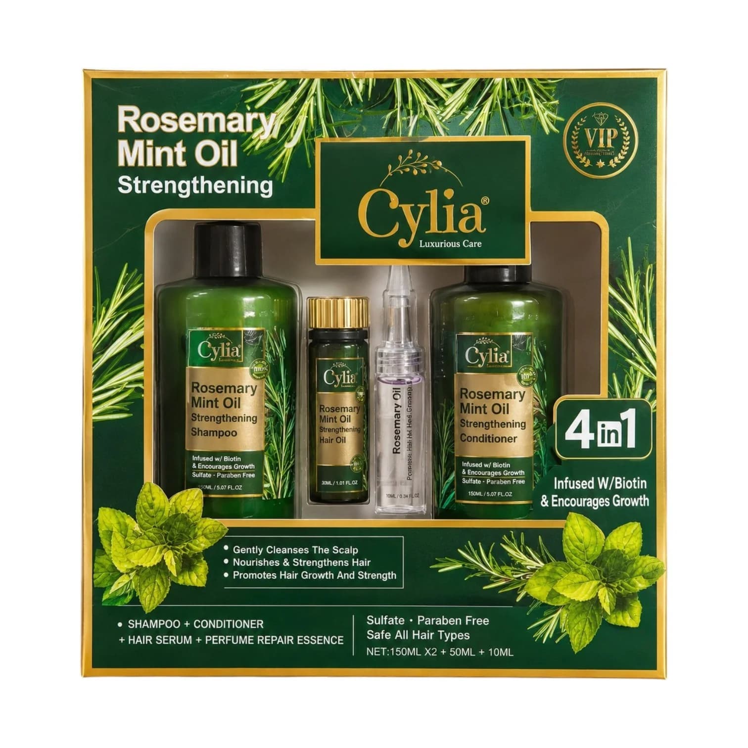 Saç üçün kosmetika dəsti Cylia Rosemary Mint Oil Strengthening 4-in-1 (şampun 150 ml + kondisioner 150 ml + zərdab 50 ml + esensiya 10 ml)