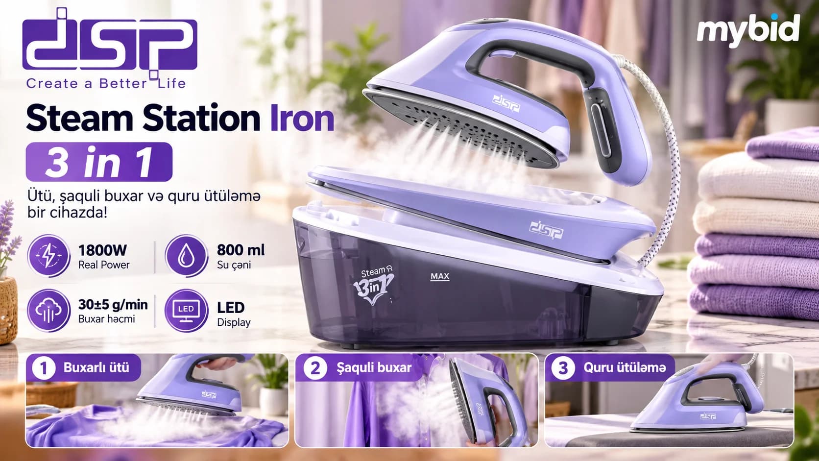 DSP Steam Station Iron 3-ü 1-də Buxar Stansiyalı Ütü – 1800 W, 800 ml