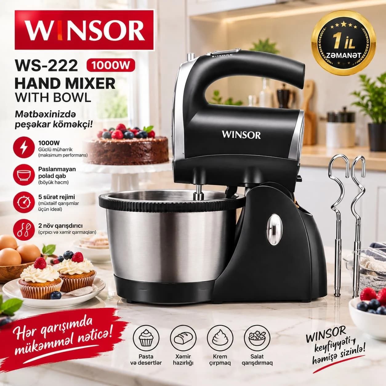 WINSOR WS-222 1000W Qablı Əl Mikseri