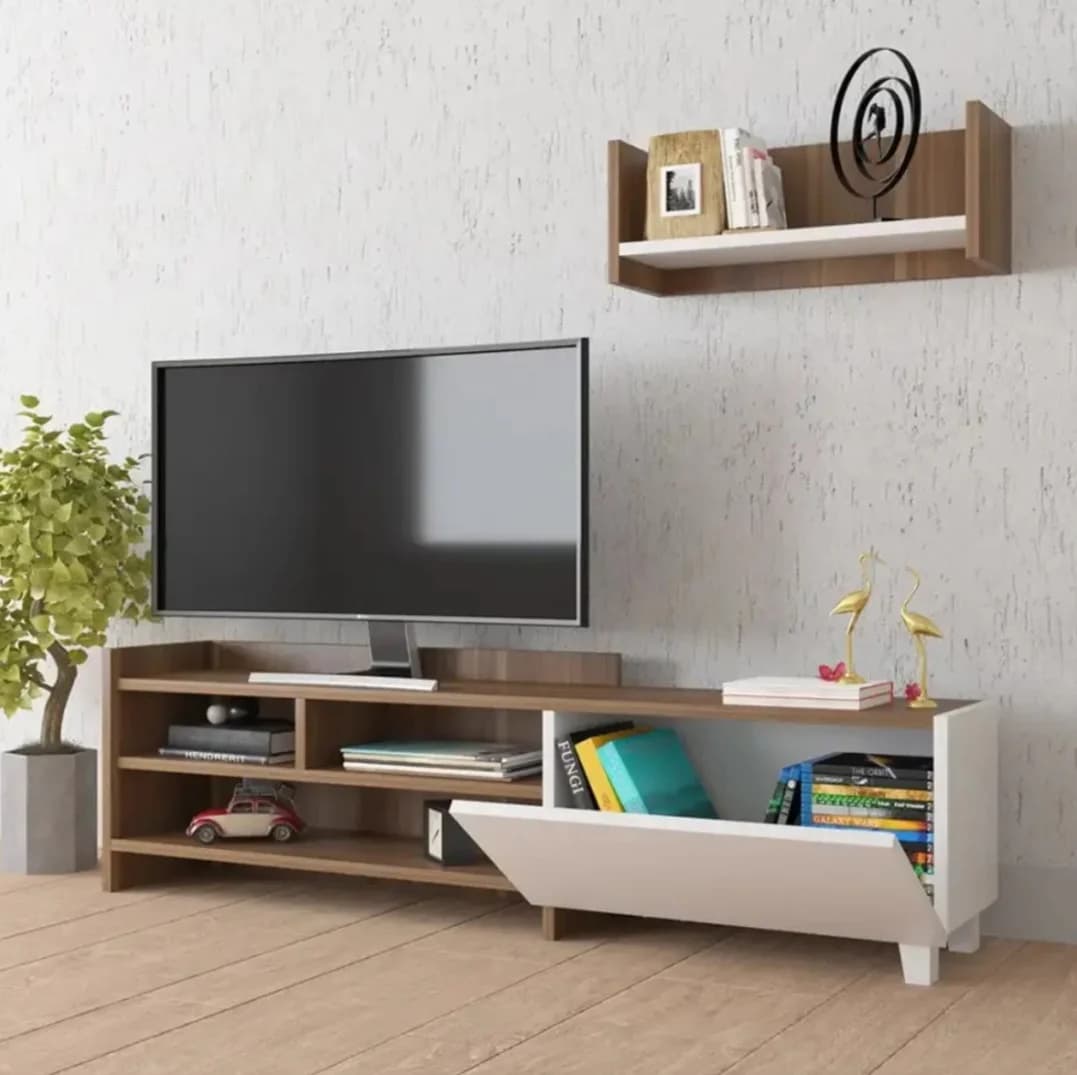 Tv üçün tumba SO008, laminat, ağ/bej, 120x43x30 sm