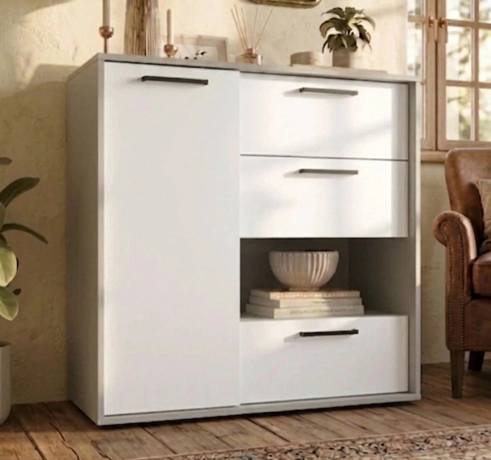 Tumba MB15, boz/ağ, laminat, 90x90x40 sm