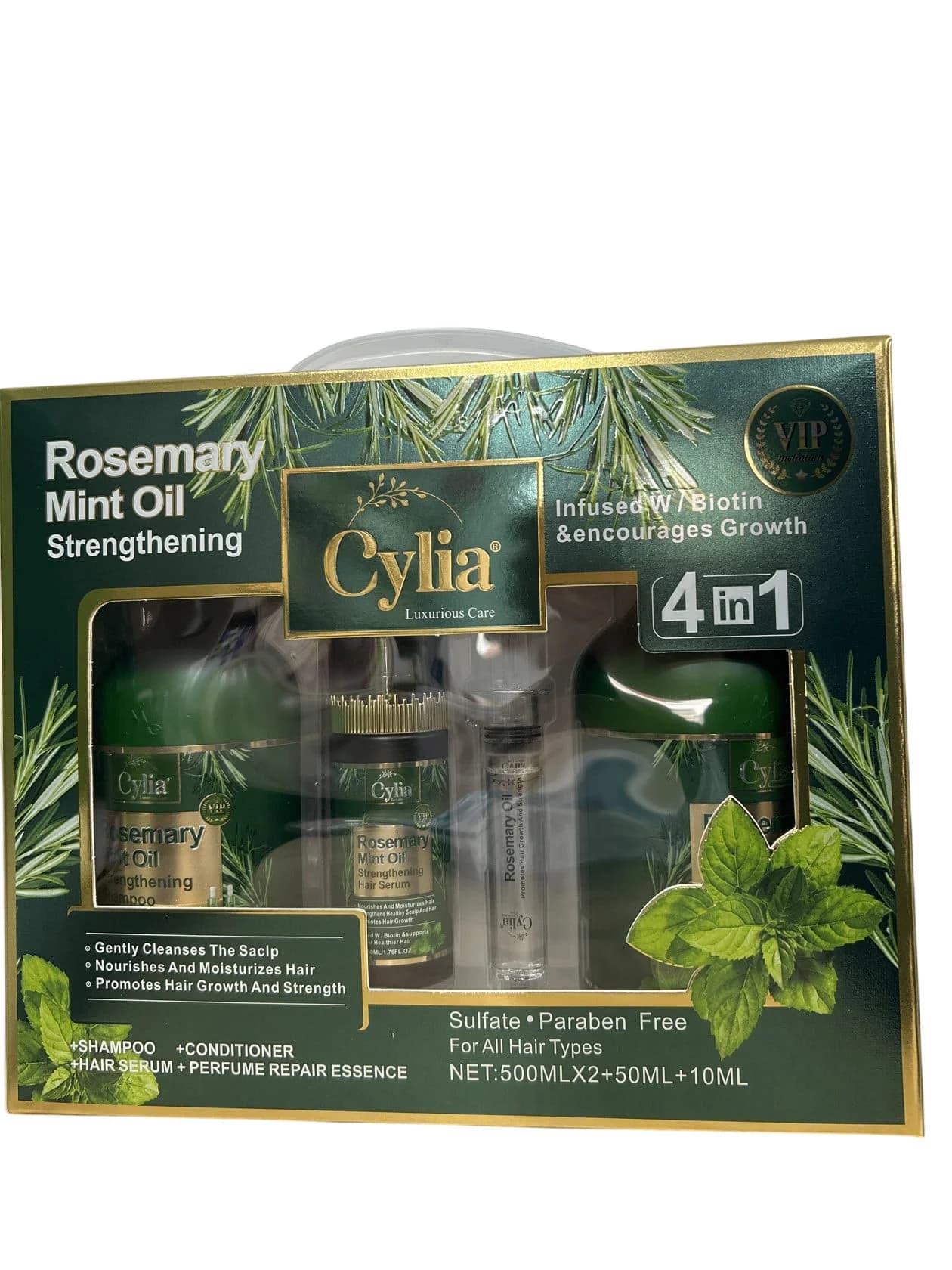 Saç üçün kosmetika dəsti Cylia Rosemary Mint Oil Strengthening 4 in 1 (kondisioner + zərdab + esensiya + şampun)