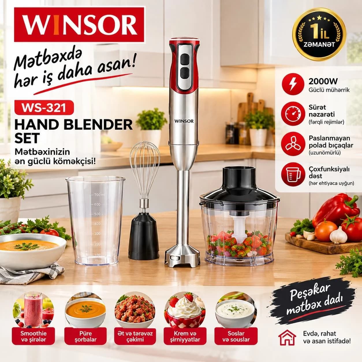WINSOR WS-321 2000W 4-ü 1-də Əl Blender Dəsti