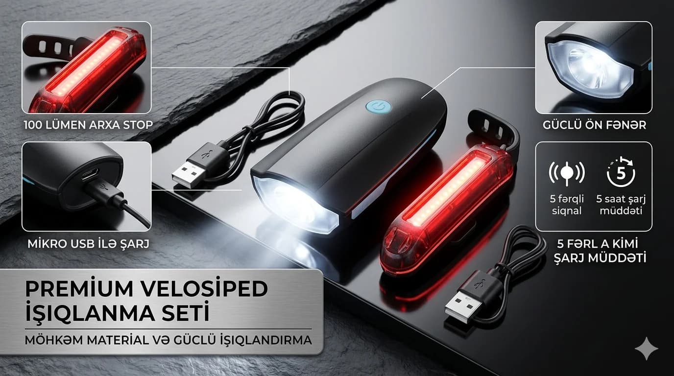 Velosiped ön və arxa fənər və siqnal usb ilə şarj