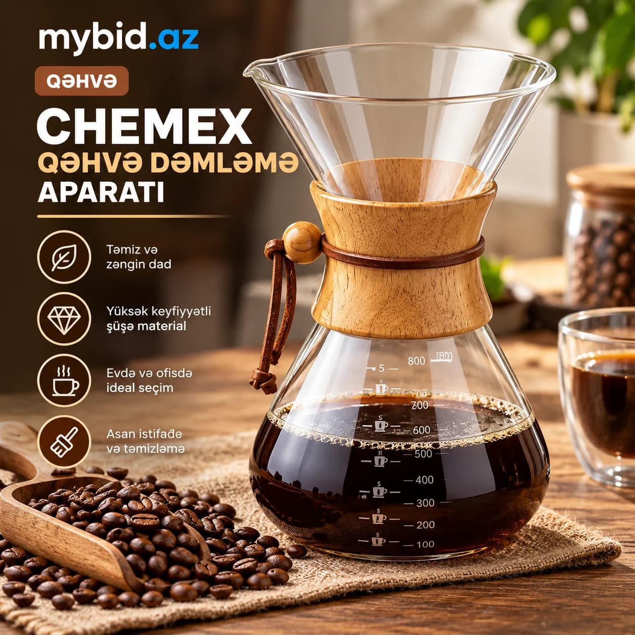 Chemex Stil Şüşə Qəhvə Dəmləyici – Taxta Boyunlu (600 ml)