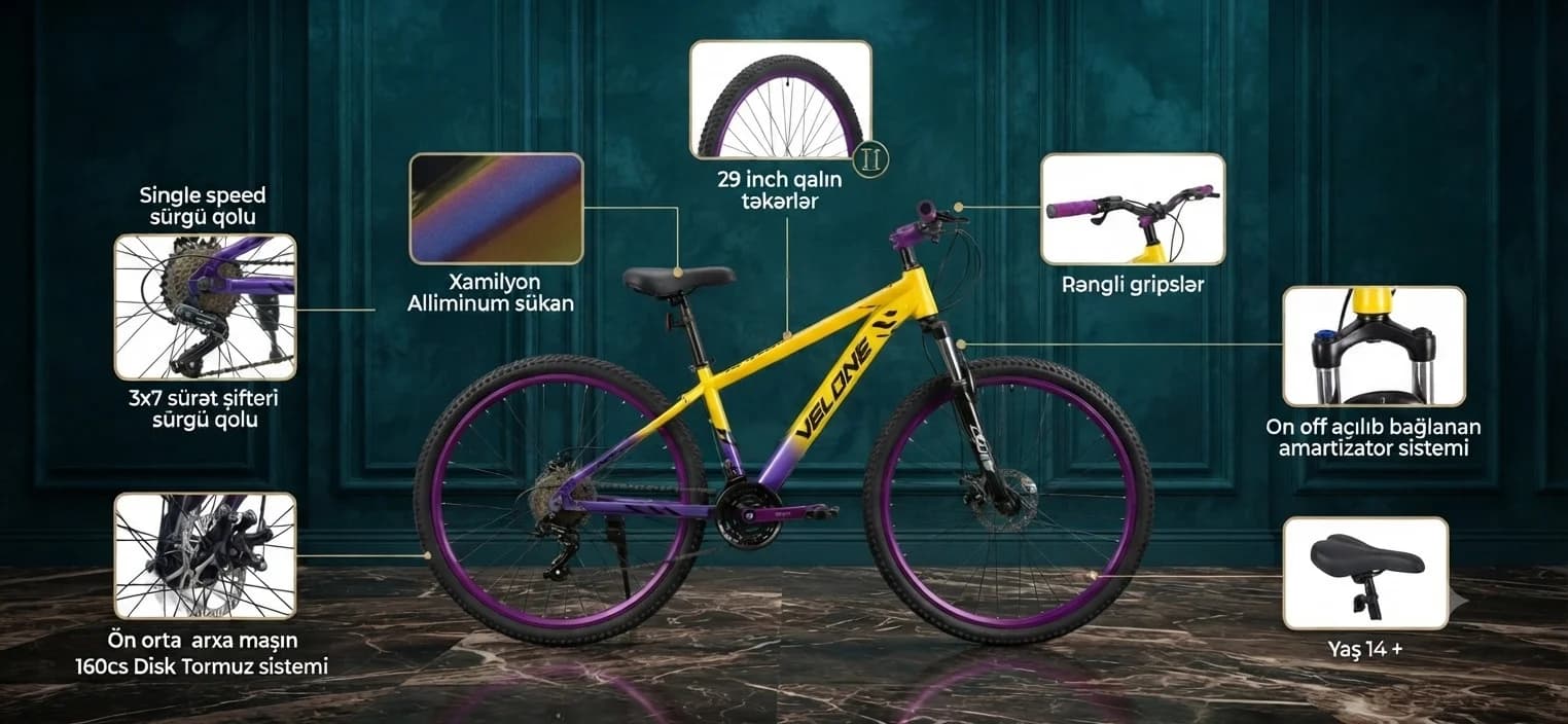 Dağ velosipedi Velone Power97, (29, sarı/bənövşəyi) — şəkil 3