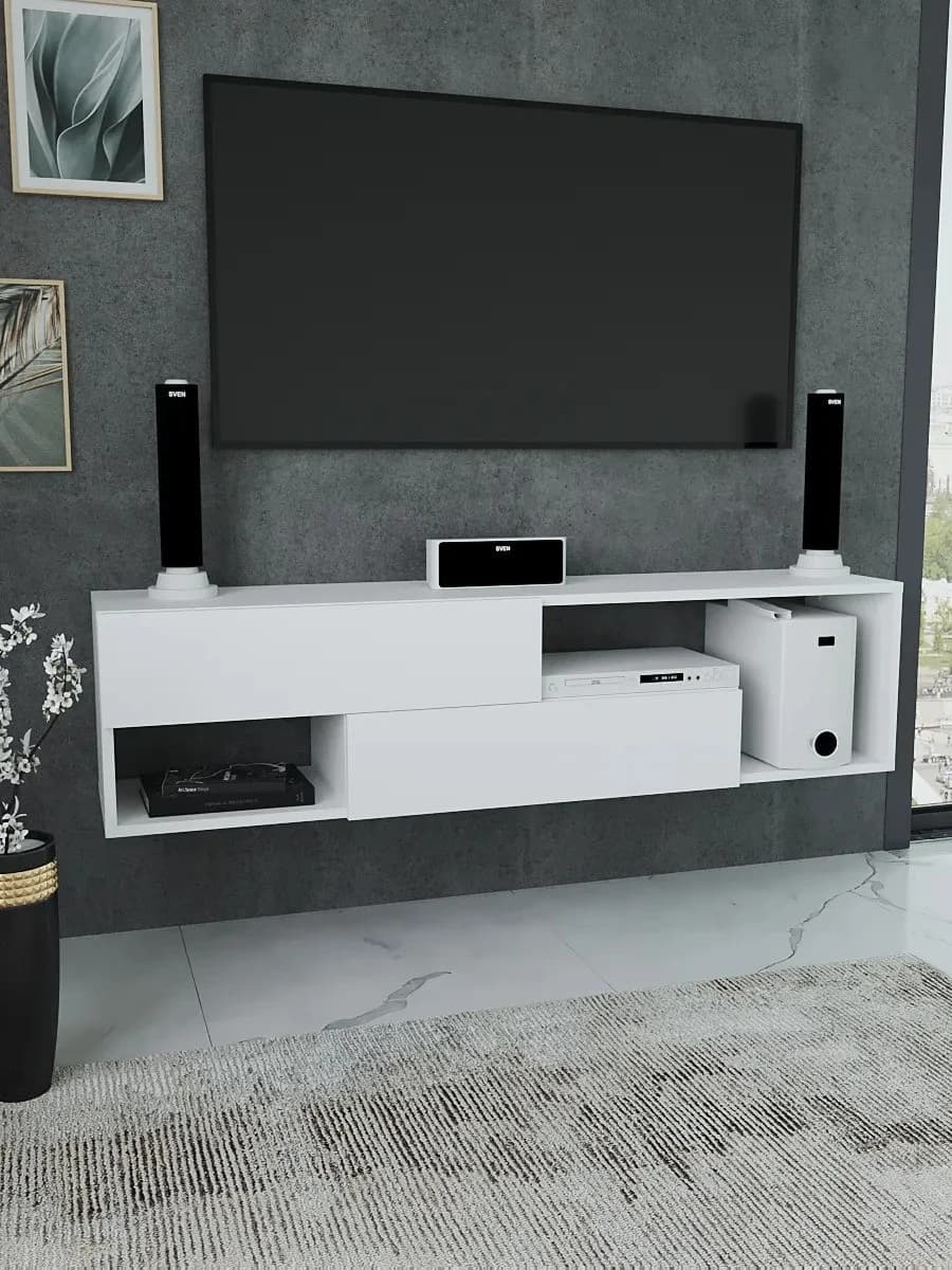 TV üçün tumba Yagmur 85_15456, laminat, ağ, 134x30x30 sm