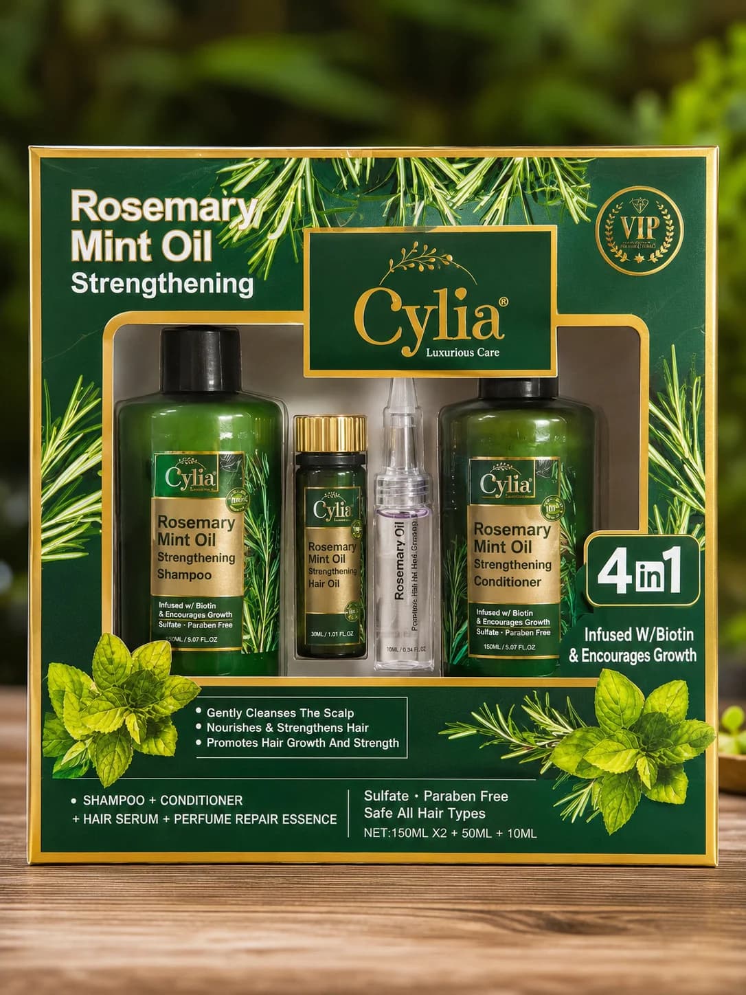 Saç üçün kosmetika dəsti Cylia Rosemary Mint Oil Strengthening 4-in-1 (şampun 150 ml + kondisioner 150 ml + zərdab 50 ml + esensiya 10 ml) — изображение 2