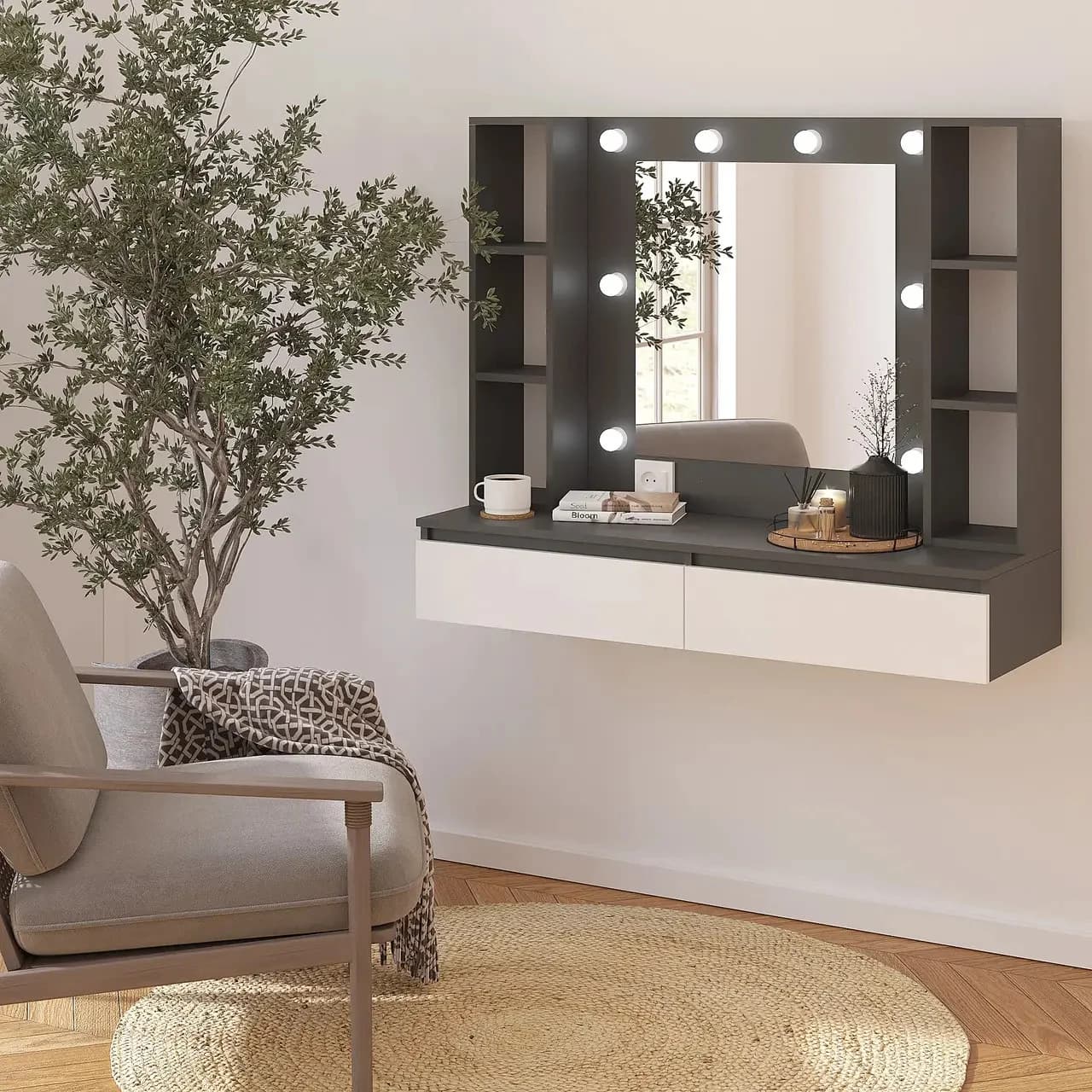 Makiyaj masası 8459, antrasit, laminat, 100х40х120 sm
