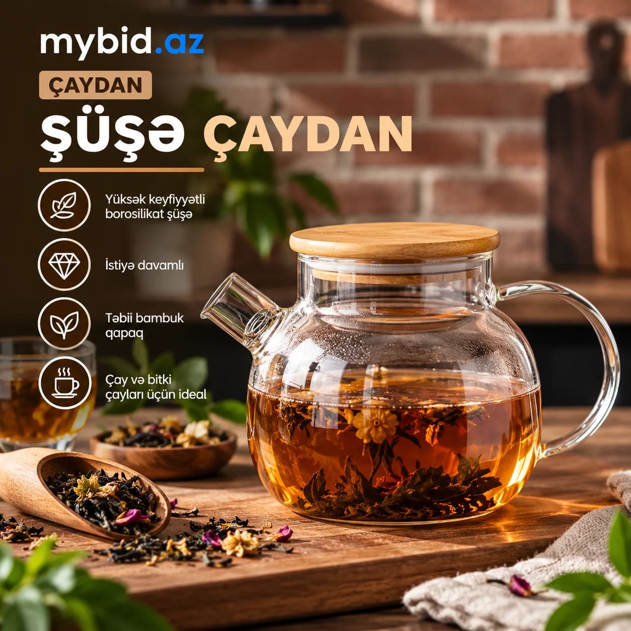 Şüşə Çaynik Bambuk Qapaqlı – İstiliyə Davamlı Çaydan (1500 ml)