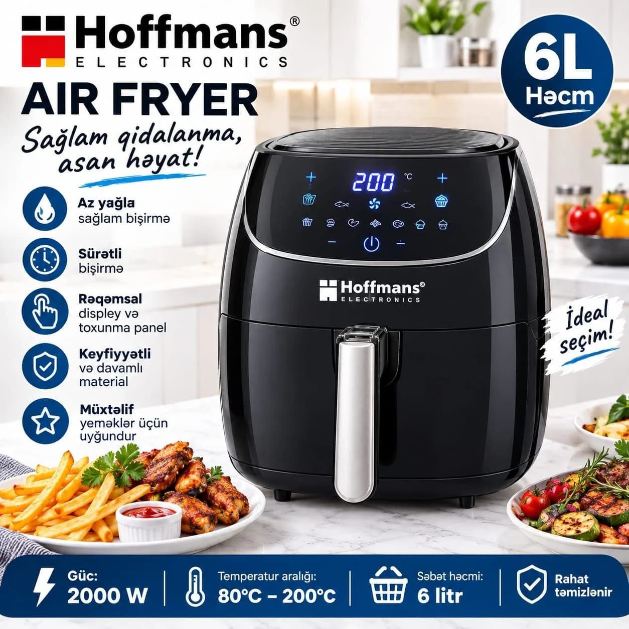 Hoffmans Electronics 6L Air Fryer 2000W – Rəqəmsal Hava Fritözü