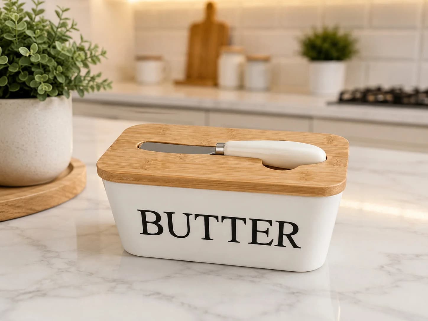 Yağ qabı, bambuk/keramika, ağ