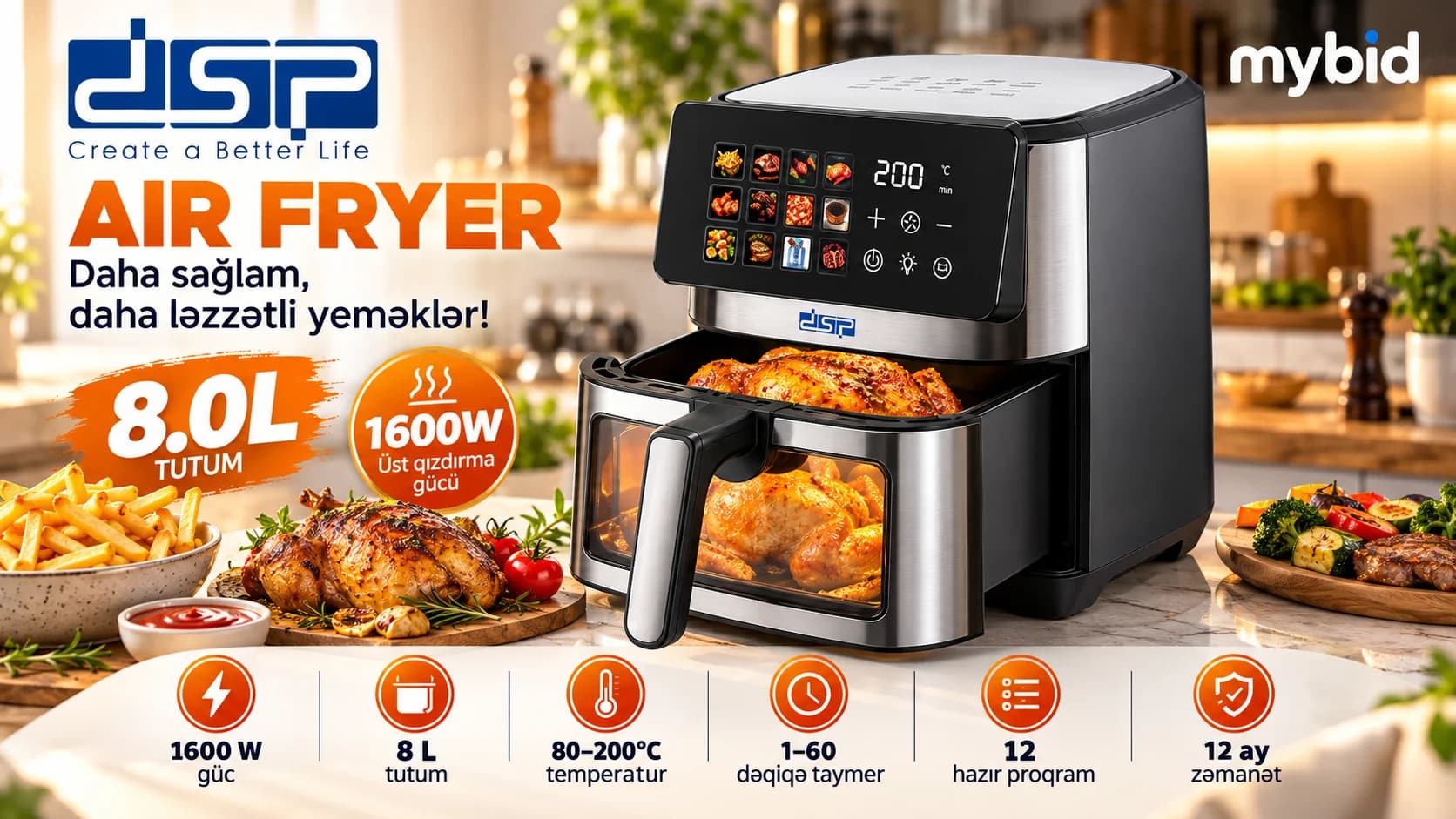 DSP Air Fryer 8 L – 1600 W, 12 Proqram, Rəqəmsal İdarəetmə