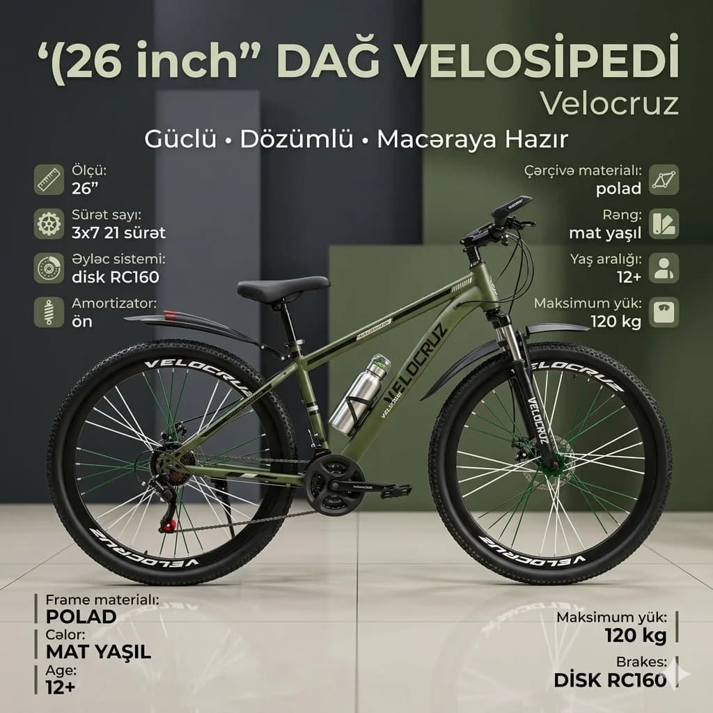 Dağ velosipedi Velocruz, mat yaşıl, 26"
