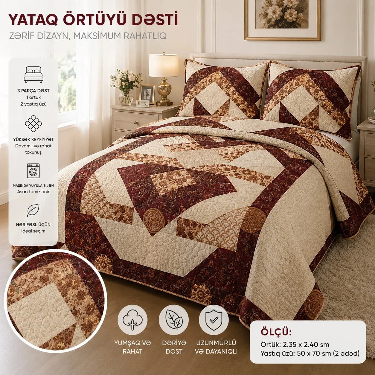 Örtük və yastıq üzü dəsti 3065, parça/satin, 230x240 sm
