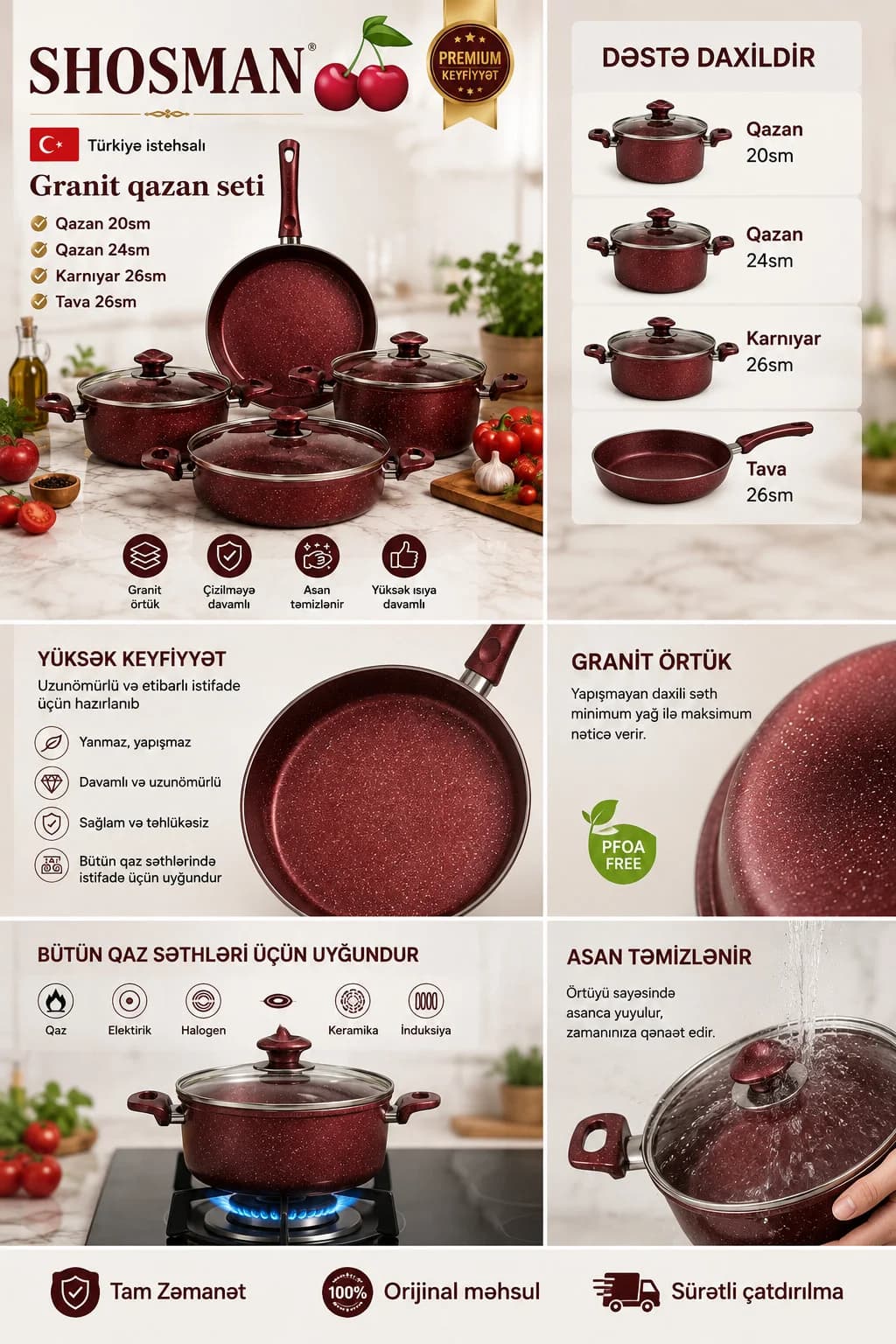 Qab-qacaq dəsti 2755996, 20/24/26 sm, qranit, tünd qırmızı, 7 parça