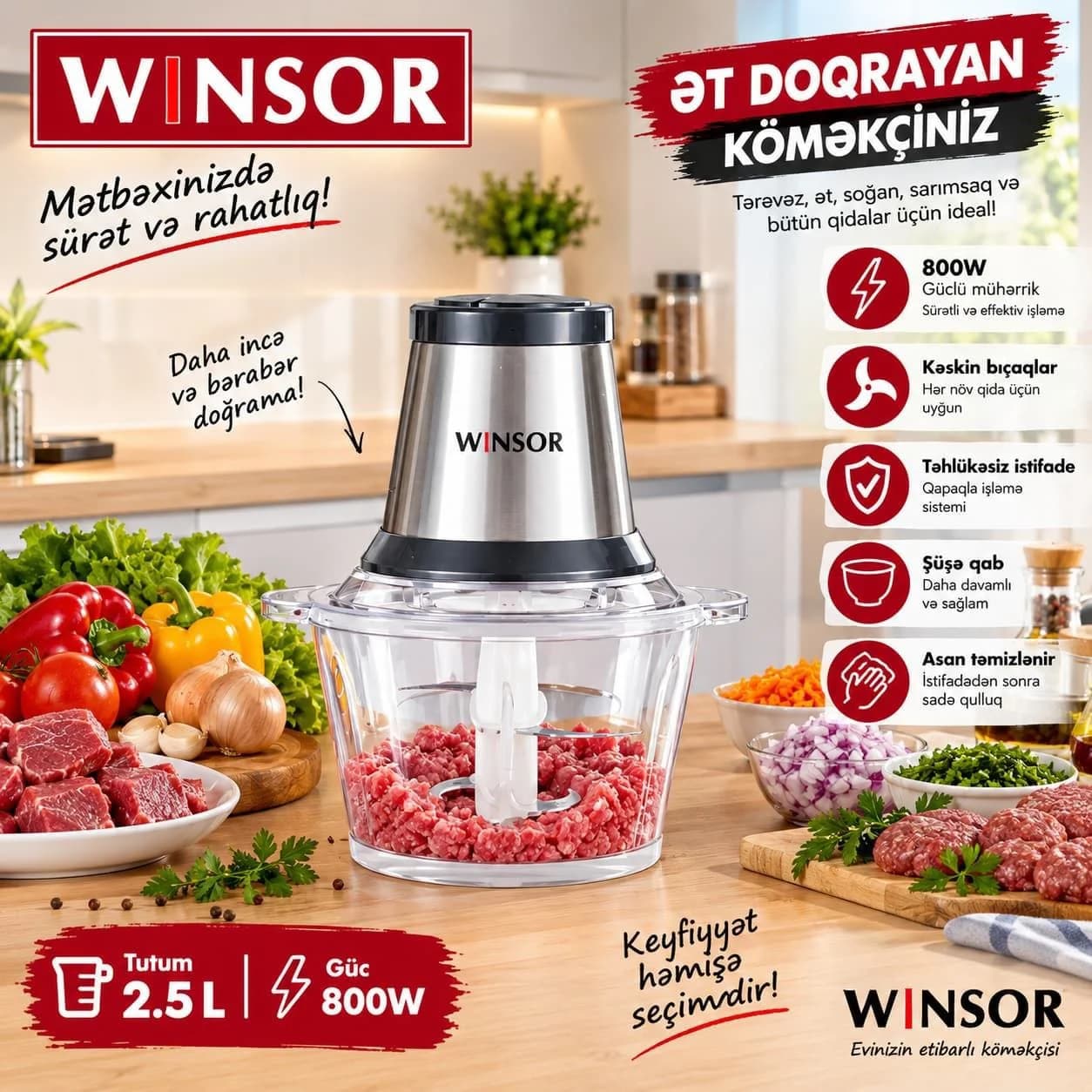 WINSOR Elektrikli Ət və Tərəvəz Doğrayıcı 2.5 L, 800 W